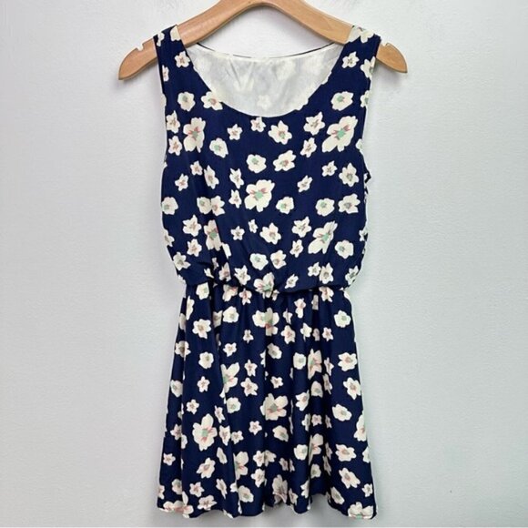 Floral Satin Sleeveless Navy Mini Dress Small - Picture 1 of 8